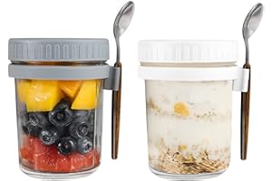Hniuyun 2 Pack Overnight Oats Jars with Lids and Spoon, 10 oz Airtight Breakfast Jars with Measurement Marks, Mason Jars with Lid for Salads Cereal Milk Porridge Fruit (Gray + White)
