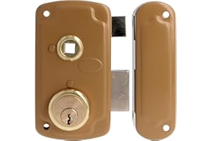 Amig - Cerradura de Sobreponer de Derecha con Palanca de Cierre, Lengüeta y Tirador para Puertas de Madera Mod. 75UN 66 x 120 mm Cilindro Redondo de Seguridad Acero Dorado