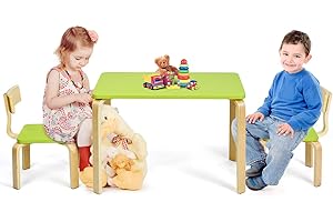 GOPLUS Kindersitzgruppe aus Holz mit 1 Kindertisch und 2 Stühle, Kindermöbel mit Abgerundeten Ecken und Kanten, Kinder Tisch und Stühle für Zuhause, Klassenzimmer, Kindergarten (Grün)