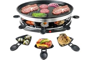‎HENGBO Raclette Grill 8 Personen – Ovale 3D-Antihaftplatte mit stufenloser Temperatursteuerung (1500W Turboheizung) + 8 Raclette-Pfännchen & 4 Buchenholzspatel – Perfekt für Raclette 6 Personen/4 Personen