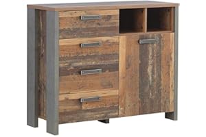 ‎FORTE FORTE Clif Kommode mit 1 Tür und 4 Schubladen, Holzwerkstoff, Old – Wood Vintage/ Betonoptik Dunkelgrau, 106,7 x 86,3 x 41,6 cm