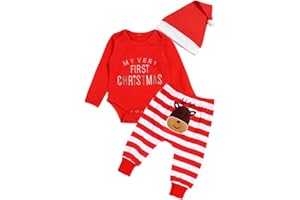 Wexuua My First Christmas Baby Mädchen Jungen Roter Strampler mit gestreifter Hose und Hut 3-teiliges Neugeborenen-Outfit-Set