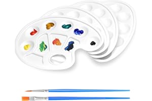 JIEGUANG Palettes de Peinture en Plastique, 4 Pièce Palette de Peinture d'art, Palette de Peinture Ovale avec 2 Pièce Pinceau de Peinture à l'huile pour Aquarelle, Gouache, Acrylique, Peinture à l'huile