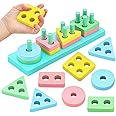 TEC TAVAKKAL Wooden Montessori Toys Geometric Shape Matching 4 Column Blocks Sorting & Stacking Toys Educational and Learning Toys Color Recognition Stacker Shape Sorter for Kids Toddlers
