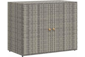 vidaXL Durable Grey Garden Storage Cabinet, All-Weather Poly Rattan, Spacious Storage, Powder-Coated Steel Frame, with Solid Acacia Wood Knobs.