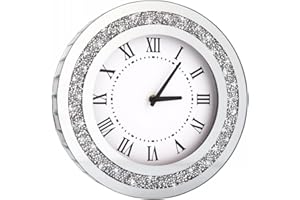 DMDFIRST Srebrny okrągły zegar lustrzany, 30 cm, kryształowy, błyszczący, błyszczący, diamentowy, lustrzany zegar ścienny do dekoracji ścian, srebrne szkło, lustro, wystrój domu. Bateria AA nie jest dołączona.