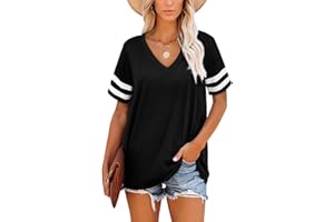 Aokosor T Shirts for Women V Neck Ladies Striped Sleeve Summer Tops Casual Loose Tee
