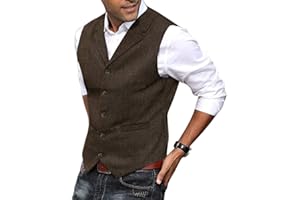 HSLS Mens Vest Casual Soft Wool Tweed Suit Vest Herringbone Waistcoat for Groosmen Best Man