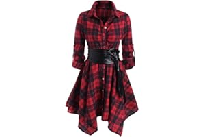 OLIPHEE Femmes Manches Longues Ceinturé Une Robe à Carreaux Chemise en Ligne Casual Tunique Robe