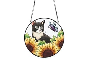 PLIGREAT Suncatchers Cat Sunflower Acrylic Stained Glass Sun Catcher Summer Patio Garden Hanging Tree Ornaments for Bedroom Living Room Window Decoration Wall Art Decor Housewarming Memorial Gifts