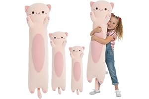Kekeso Peluche Chat Long - Coussin Doudou Chat Ultra Doux pour Enfants & Adultes, Oreiller Corporel Kawaii, Cadeau Mignon pour Amoureux des Chats (Rose, Yeux Ronds, 60cm/23.62inch)