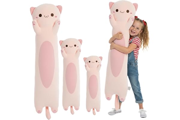 Kekeso Peluche Chat Long - Coussin Doudou Chat Ultra Doux pour Enfants & Adultes, Oreiller Corporel Kawaii, Cadeau Mignon pour Amoureux des Chats (Rose, Yeux Ronds, 110cm/43.31inch)