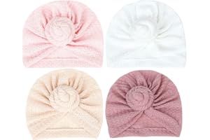 freesiom Lot de 4 Turban Bonnet Bébé Fille Garcon Naissance Coton Hiver Chuad Doux Chapeaux Bandeau Cheveux Noeud Elastique Serre Tête Accessoires Nouveau Né Baptême Cadeau 0-12 Mois