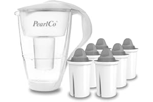 ‎PEARLCO GLAS-Wasserfilter PearlCo (weiß) mit 6 Protect+ classic Filterkartuschen (f. hartes Wasser) - Made in EU