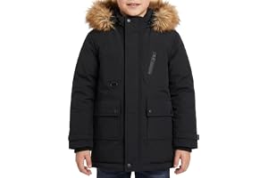 JiAmy vinterparkas för pojkar vindtät och varm i 5-12 år | Hållbart matt skal, avtagbar fuskpälshuva, design med flera fickor i 5-12 år, bekväm passform, vinterrock för pojkar