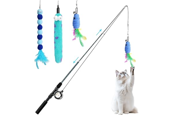 Pawaboo Baguette Teaser pour Chat, Canne à Pêche pour Chat avec Lot de 3 Recharges à Plumes, Jouet à Plumes Rétractable 3 Sections avec Poulie, Teaser Attrapeur Exercice avec Clochette, Bleu