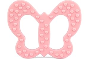 PREMYO Mordedor Bebé Silicona - Anillo de Dentición Aro de Agarrar - Alivia Dolor Libre de BPA Mariposa Rosa