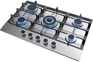 Hermitlux Piano Cottura a Gas 5 Fuochi 76cm, per Gas Naturale/Propano, Sicurezza Tramite termocoppia, Acciaio Inossidabile