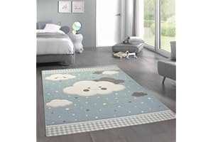 ‎MERINOS Merinos Teppich für Kinder mit Wolken Spielteppich in Blau Größe 120 cm Rund