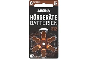 ABSINA Hörgerätebatterien 312 6 Stück mit gut greifbarer Schutzfolie - Batterien für Hörgeräte 312 Zink Luft mit 1,45V - Typ 312 Hörgeräte Batterie Braun - PR41 ZL3 P312 Hörgerätebatterien
