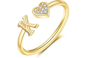 FUNEIA Herz Ring mit Buchstaben Damen Frauen Gold Silber Rosegold Verstellbarer Initiale A-Z Zirkonia Fingerring Stapelring Wasserfest Buchstabering Schmuck Mädchen Geschenkbox