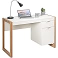 COSTWAY Computer Desk, 112 x 50cm Wooden Study Table Writing Workstation with Drawer and Cabinet, Modern PC Laptop Table Gaming Working Desk for Home Office Bedroom（White+Natural）
