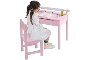 LIFEZEAL Set Scrivania e Sedia per Bambini 3-12 Anni, Gambe in Legno di Pino, con Rotolo di Carta da Disegno, 1 Cassetto, Piano Inclinabile, Sedia Ergonomica, Studio, Dipinta, per Cameretta, Rosa