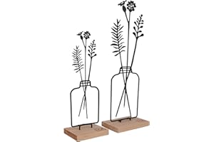 UNUS Aufsteller Blumenvase 2er Set, 23,5 cm und 31,5 cm hoch, Metallaufsteller mit Bambussockel, in Schwarz, Frühlingsdeko für Fenster, Tisch oder Regal