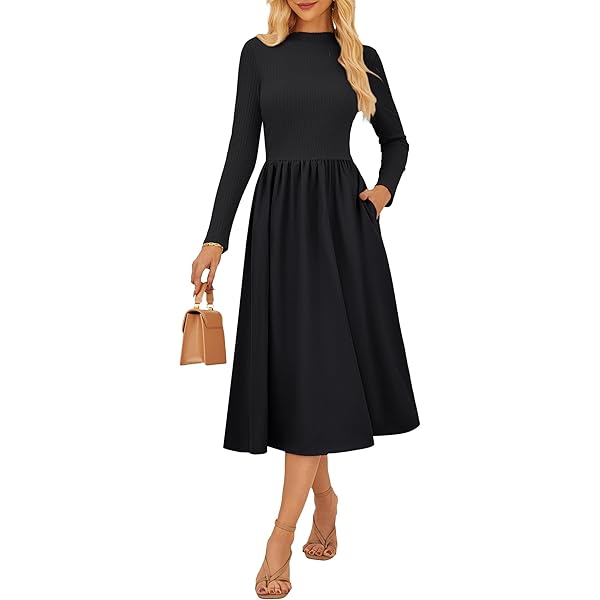 Beluring Damen Midikleid Langarm - Elegantes A-Linien Kleid Mit Taschen Für Alltag & Freizeit