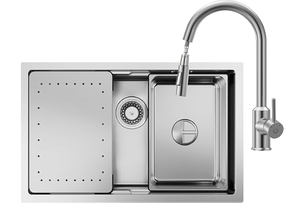 CECIPA Évier de cuisine Brossé avec robinet, 70 x 44 cm, Avec robinet de cuisine, Pour meuble bas à partir de 80 cm