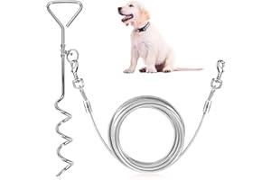 Welltop 16 ft Dog Tie Out Cable with 15" Spiral Ground Stake Spike for Dog Up to 120 lb for Playing, Camping and Backyard in Ground (White)