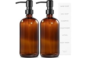 MIUSITE 2 Pack Amber Soap Dispenser with Stainless Steel Pump,500ml Brown Glass Soap Dispensers, Hand and Dish Soap Dispenser for Kitchen & Bathroom, Refillable Amber Glass Bottle with Pump and Label