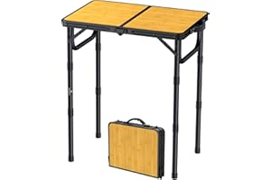 FUNYKICH Mesa de Camping Plegable 58 x 40 cm, Mesa Plegable Camping Portátil de Aluminio con 3 Alturas Ajustables (26/48/70 cm), Panel de MDF, para Picnic, Camping y Barbacoa, Ligero y Estable