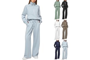 HOOUDO Womens Two Piece Full Set Tracksuit Long Sleeve Oversized Half Zip Sweatshirt Pullover Drawstrings Wide Leg Trousers Sweatpants Outfits Ladies Gym Sports Casual Activewear Lounge Sets