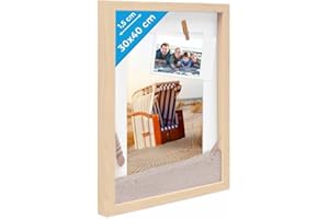 PHOTOLINI 3D Marco de Fotos 30x40 cm para Rellenar, Natural, Marco con Profundidad para Objetos de hasta 1,5 cm, Madera MDF con paspartú y Cristal - para Manualidades y como Regalo