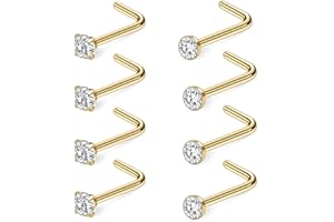 IKOPFLN 8 Pièces 20G Piercings Nez Acier Chirurgical 316L 2 mm Rond Zircone Cubique Vis Droite en Forme de L Clou de Nez Or Piercings de Nez Bijoux