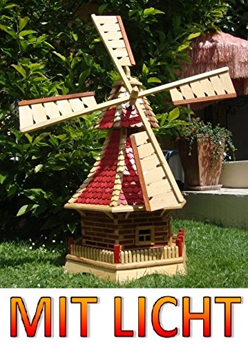 XL Windmühle, windmühlen garten, mit Holzschindeldach,OHNE PREMIUM-2X-SOLARBELEUCHTUNG-Zubehör,kugelgelagert WMS100ro-OS 1 m groß rot lasiert NEU - 2