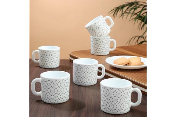 Larah by BOROSIL Angel Grey Opalware Mug, Set of 6 Tea/Coffee Mugs, 100 ml Each, Microwave & Dishwasher Safe, Bone-Ash Free, Crockery Set Ideal for Daily Use & Gifting, White