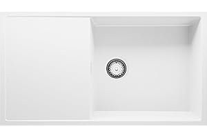 Fregadero Cocina 90 x 50 cm, Fregadero Granito Un Seno + Sifón Clásico, Fregadero Empotrado con Escurridor Ibiza 900-60 de Primagran, Blanco