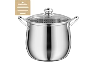 Noxtioanip Faitout en Acier Inoxydable 23,5 cm (7 L), Récipient de Cuisson Universel avec Passoire et Maniques en Bois, Casserole avec Couvercle en Verre, Convient au Lave Vaisselle