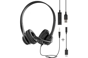 STFMHEZ USB Headset for PC Laptop Phone, 3.5mm / USB / Type-C Jack 3-In-1 Wired Headphones with Noise Cancelling Mic & Audio Controls, Adjustable Headband Headset for Call Centers, Home Office, Online Chat