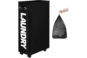DOKEHOM 29-Inches Enlarged Slim Laundry Basket with Removable Wash Bag on Wheels, Collapsible Rolling Laundry Hamper, Foldable Narrow Corner Clothes Storage Bins (Black)