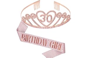 REYOK Kit de tiara de cumpleaños número 30 de oro rosa y fajín de niña de cumpleaños con diamantes