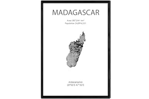 Nacnic Feuille carte de Madagascar. Photos, impressions et affiches pour le salon, la chambre à coucher... Style nordique en noir et blanc. Poster de pays et continents. Format A4 sans cadre.