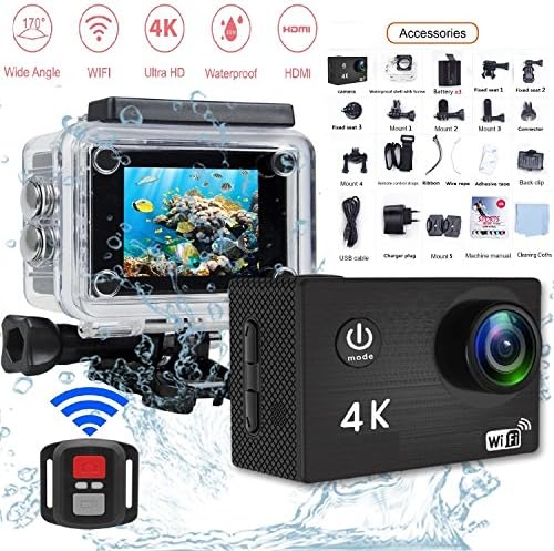 TUCHANG Action Camera，Underwater Action Camera 4K Wi-Fi Action Cam 20MP Waterproof 100ft with Waterproof ，2 Inch LCD,170 Degree View Angle + 3 Batteries 1050mAh And Remote Control (HAVE CARD)