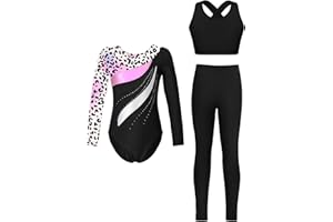 Miutii 3Pcs Mädchen Turnanzug Langarm Glitzer Gymnastikanzug Ballettanzug + Sport BH Tops + Hose Gymnastik Leotard Wettbewerb Tanzkostüm