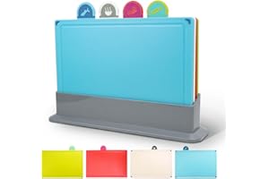 BOCHION 4 Pezzi Tagliere da Cucina Colorati, Taglieri Cucina Antiscivolo con Supporto per Stoccaggio, Tagliere Plastica con Icone Alimentari, Tagliere da Cucina Professionale Senza BPA, Facile Pulire