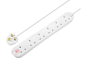 Masterplug Six Socket Extension Lead, 2 Metre Cable, Surge Protection, Power and Surge LED Indicators, Unswitched, 6 Way Plug Extension Cable, Power Strip, White, 13A, 6G, 2m, SRG6210N