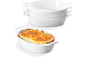 ONEMORE Oval Au Gratin Baking Dish, 20 oz Small Casserole Dishes with Handles 6x8" Ceramic Baking Pan for 1-2 People, Oven Safe for Lasagna, Pies, Individual Servings & Side Dishes, Set of 4, White