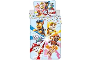 BRANDMAC Parure de lit Pat' Patrouille, 100% Coton, Housse de Couette Réversible 140x200 cm + Taie d'oreiller 65x65 cm